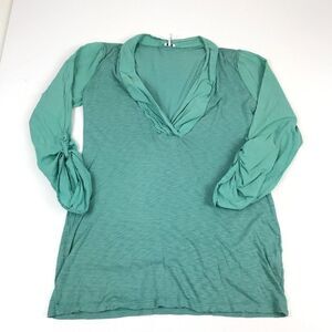 Splendid Womens Blouse Green Shirt Deep V-Neck Long Sleeve Roll Tab Top Small *